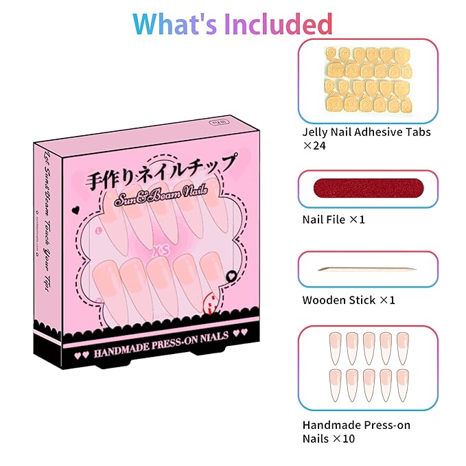 Sun&Beam Nails Handmade Press-on Medium Long Almond Black Pink Ombre Hand-Painted Elegant Design Fashion False Nail Tips 10 Pcs Set (#274 S)