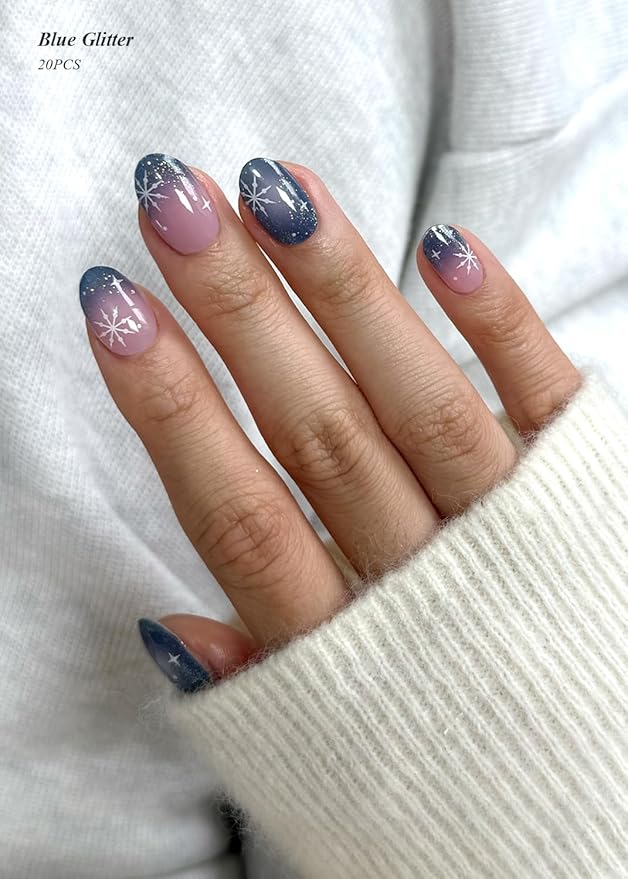 Semi Cured Gel Nail Strips (Blue Glitter), Christmas Snowflake, 20 Pcs Gel Nail Wraps, Stickers, Salon Quality, Long Lasting, Works with Any UV Lamps