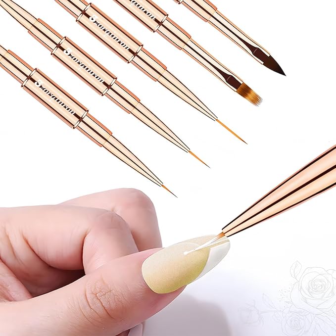 Nail Art Brushes for Nail Art, Professional 5Pcs Double-Ended Acrylic Nail Brush Set for Details, Long Lines, Ombre & 3D Design-Perfect for DIY Manicures & Salons (Gold)