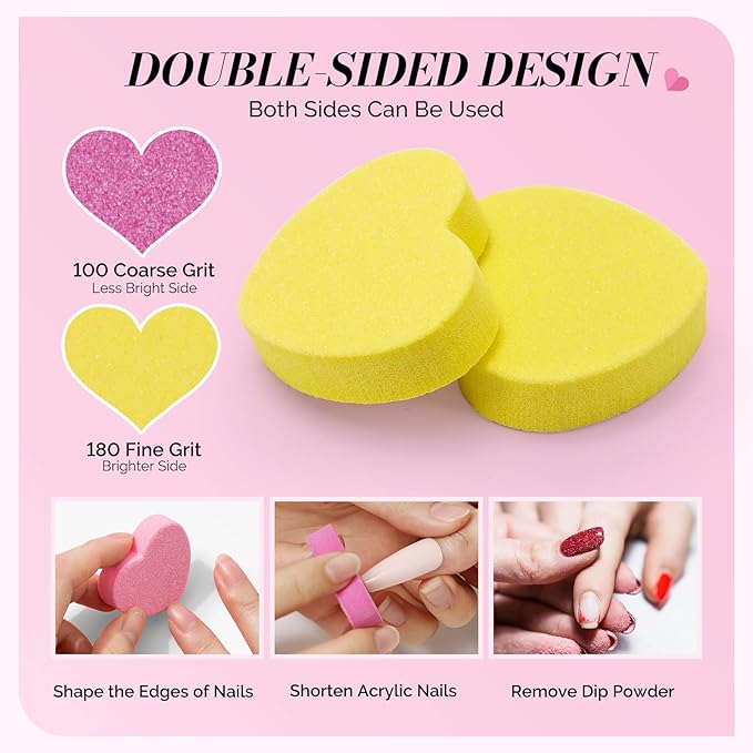 MelodySusie Heart Shape Mini Nail Buffer Block,100/180 Grit Double-Sided Sponge Nail File,Professional Nail Polishing Tools for Shaping and Smoothing,Suitable for Manicures and Pedicures,50 Pcs