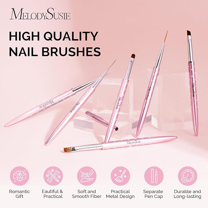 MelodySusie 6pcs Nail Art Brushes Set, Professional Pen Nail Gel Brush, Nail Extension and Builder Brush, Liner Brush 3 Sizes, Fashion Design for Home DIY Salon Use, Rose Gold
