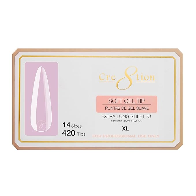 Cre8tion Soft Gel Nail Tips, Extra Long Stiletto Shape, 602 Tips in 14 Sizes (00-9) for Professional Nail Extensions
