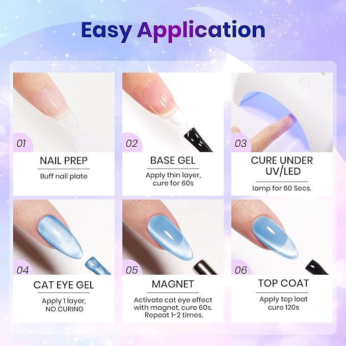 Beetles Stardust Whisper Cat Eye Gel Nail Polish Set - 6 Colors Spring Gel Polish Kit Glitter Cat Eye Pink Blue Purple Red Green Velvet Gel Magnet Soak Off UV French Nail Art Manicure Gift for Women