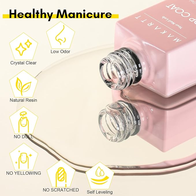 Makartt Gel Top Coat and Base Coat Kit: 2 PCS Clear Gloss Shiny No Wipe Stain Resistant General Top Coat Nail Polish UV for Acrylic Nails Dip Powder Gel Nail Polish Beauty Spring Gift Salon at Home