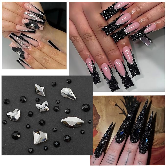 4 Boxes Dark Nail Gems Bow Flower Nail Charms for Acrylics - Irregular Crystals, Nails Rhinestone & Accessories for Women Nails Art Design Nails Decor(Dark)