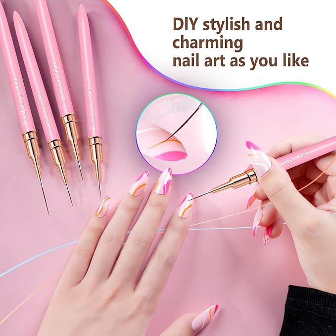 Nail Art Liner Brushes, 5Pcs Professional Gel Polish Painting Art Design Pen Set for Long Lines, Thin Details, Fine Drawing Sizes 5/7/9/11/20mm Nail Art Design Gift for Women(Pink)