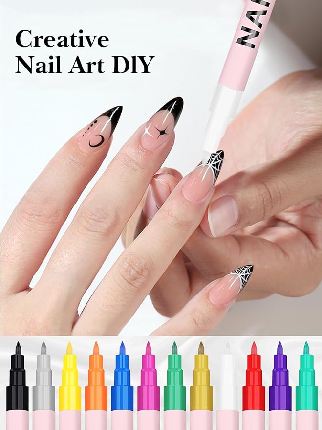EBANKU 12 Colors Nail Art Pens Set, 3D 0.7MM Nail Polish Pens Quick-Drying Nail Art Acrylic Paint Nail Point Dotting Liner Pen Tools for Home & Salon Nail DIY