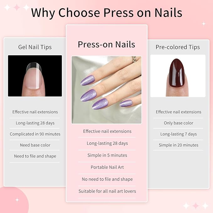 Purple Almond Cat Eyes Press On Nails,12 Sizes - 24 Pcs Soft Gel Grape Purple Medium Fake Nails Kit with Nail Glue, Natural Reusable Stick On False Nails for Women and Girls SK1025