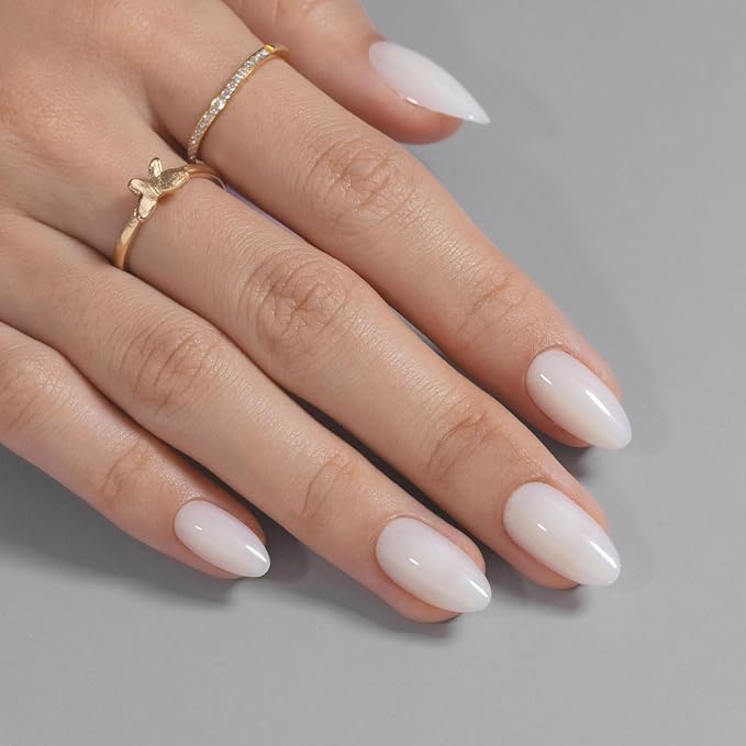 White Press on Nails Short - SHANGMENG Soft Gel Almond Press on Nails for Women Gift, Fit Perfectly & Natural Glue on Nails in 16 Sizes - 32 Reusable Fake Nails with Glue, Milky White
