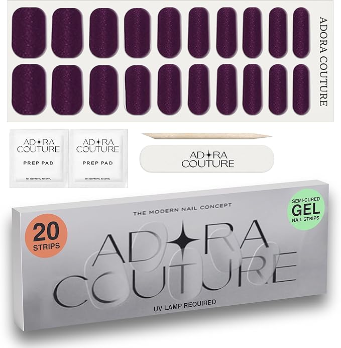 Semi-Cured Gel Nail Strips - 20 Salon-Quality Gel Sticker with UV Light Required, Long Lasting, Easy Application & Removal, Includes Prep Pad, Nail File, Wooden Stick (Velvet Plum)