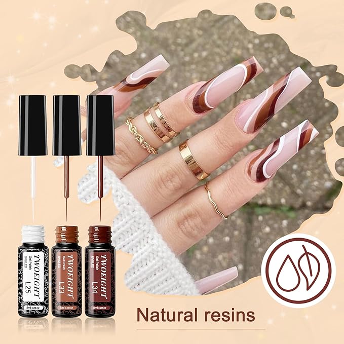 TWOEIGHT Gel Nail Polish Liner Nail Art 12 Colors 8ml UV Lamp Soak-off Polishes Pigmented Autumn Winter Brown Wine Red Collection Thin Brush in Bottle Manicure DIY at Home Salon