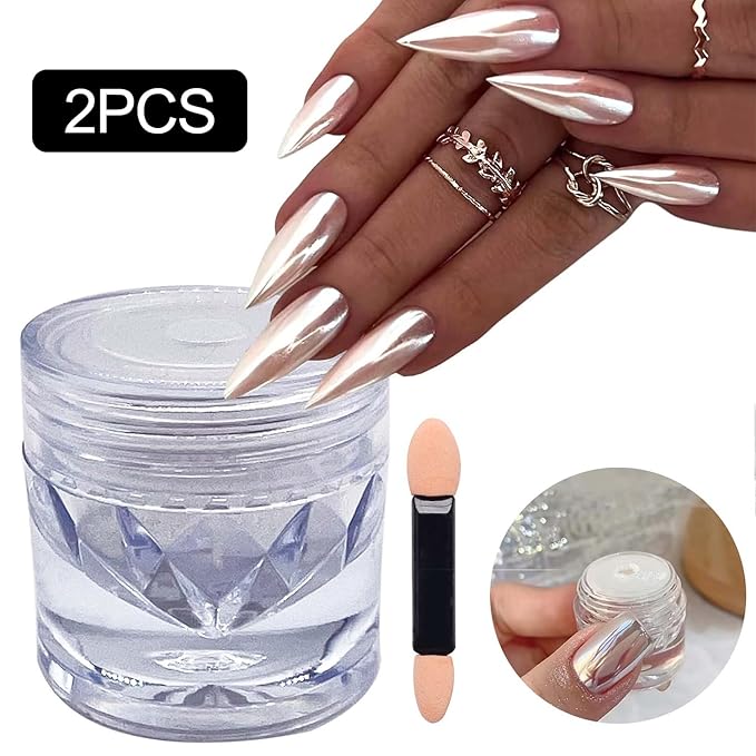 2PCS Magic White Chrome Nail Powder, Super Glossy Mirror Effect Metallic Nail Powder Nail Glitter Manicure Pigments for Nail Art Design