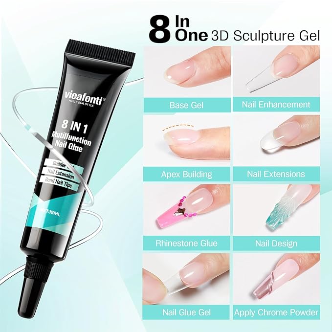 3D Sculpting Builder Gel Nail Art Kit - All In One Formula for Extensions, Sculpture, Designs, Chrome Powder, Rhinestones - Soak Off with UV/LED Lamp for Salon Home DIY