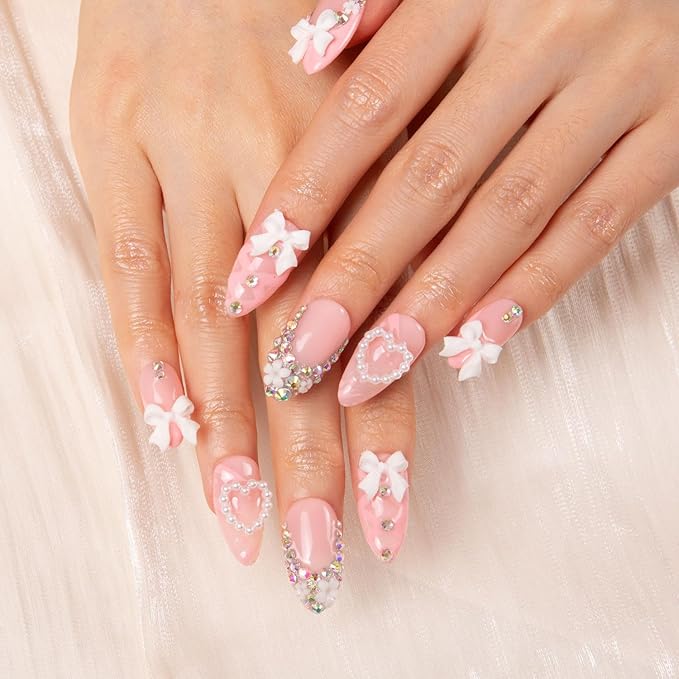LOVFUL Press on Nails Vintage Shortcake | Handmade with Full Covered Crystals | Reusable Fake Nails | Almond Regular 1.0 in | H187-L