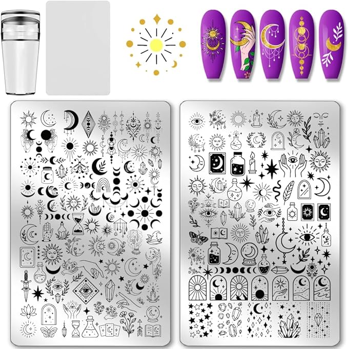 PH PandaHall 2pcs Star Moon Pattern Nail Stamp Plate 170 Patterns Sun Moon Phases Theme Print Art Template Stainless Steel Nail Image Plate Starry Nails Stencil Set for Women 5.7x3.7 inch