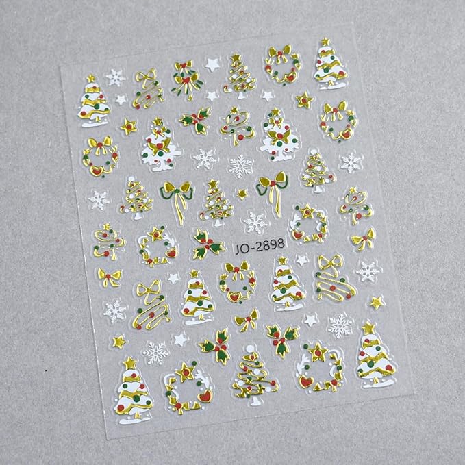 10Sheets Christmas Nail Stickers Embossed Gold Silver Christmas Tree Nail Decals Snowball Bow Elk Nail Supplies