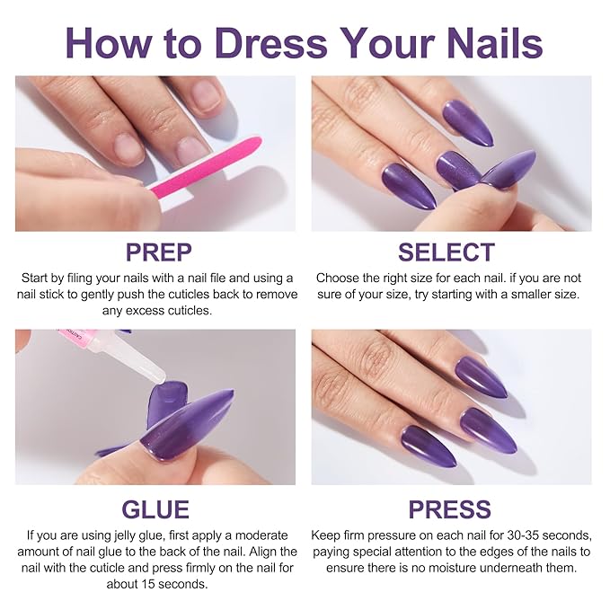 Cat Eye Press on Nails Medium, Fashion Purple Glitter Press on Nails, Soft Gel Fake Nails, Reusable & Natural Acrylic False Nails, Stick on Nails for Women Gift, Glue on Nails Kit 30 Pcs