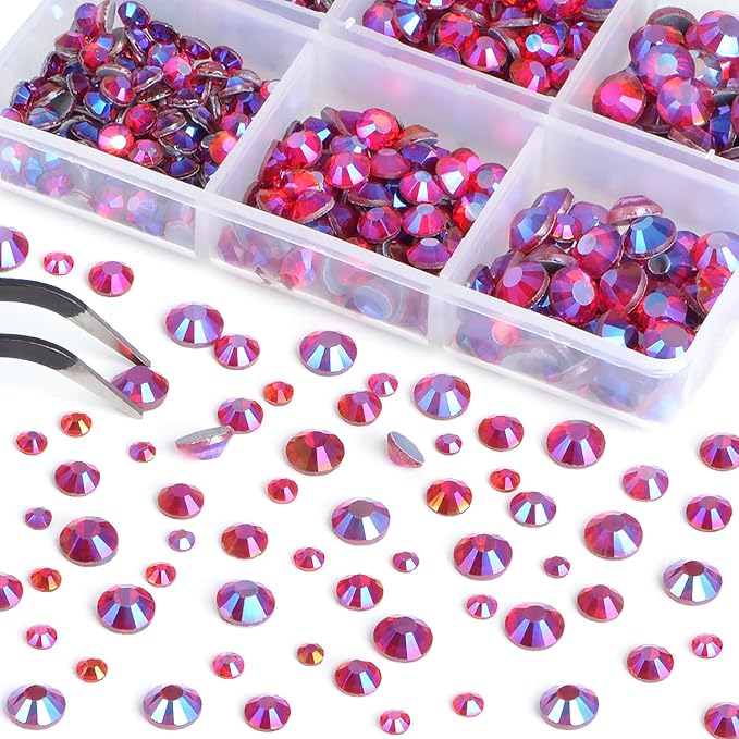 Bymitel Hotfix Crystal Rhinestones Round Gems for Crafts,Mixed 6 Sizes with Wax Pencil Kit, Siam AB 1.6-6.3mm SS4-SS30/8000pcs