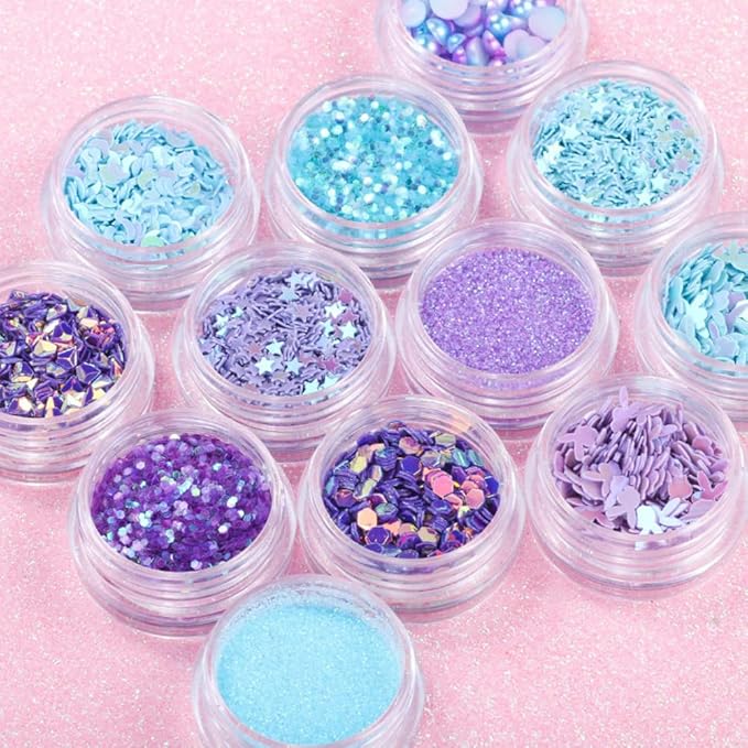 Nail Art Blue Glitter Sequins 3D Pearl Nails Shining Flakes Acrylic Powder Dust Chunky Flake 12Jars