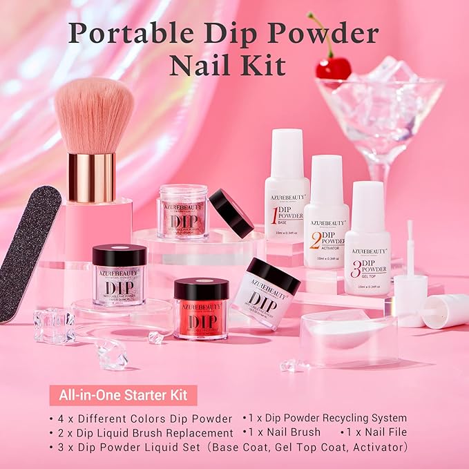 AZUREBEAUTY Dip Powder Nail Kit Berry Red Silver Glitter, 4 Colors Dipping Powder Set, French Nail Art Base Top Coat Activator Essential Liquid Manicure No Lamp Needed Salon