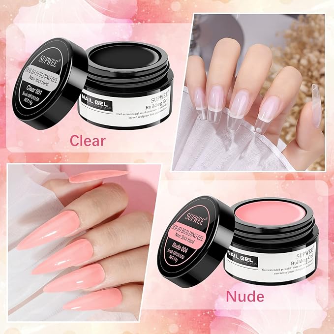 Solid Builder Gel for Nail Extension Clear Nude Non-Stick Hand Sculpture Hard Gel with Dual Form Flower Nail Strengthen Nails Art for Home DIY Nails Salon Lamp Cure Require 2 Colors 14g
