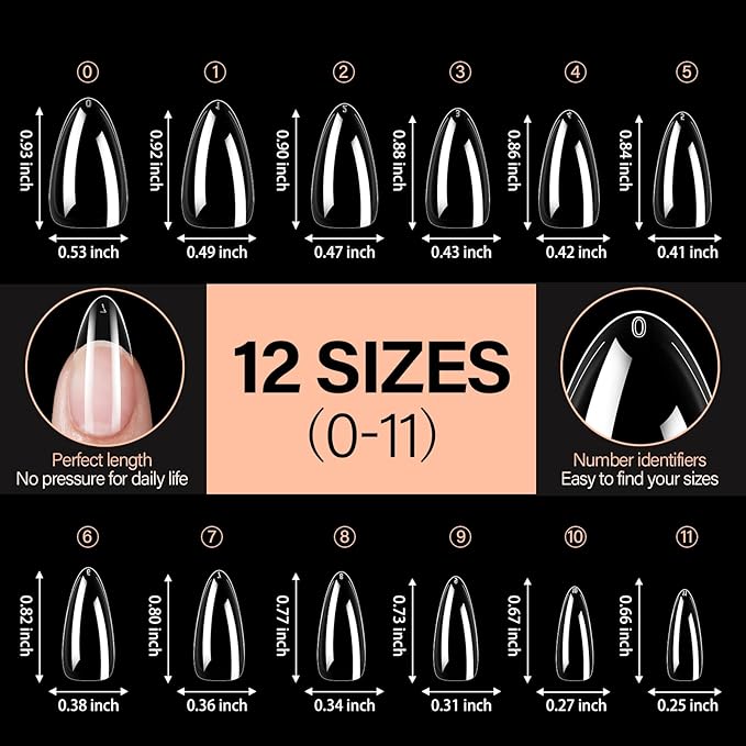 AILLSA Almond Nail Tips 504pcs Clear Nails Tips Gel Full Cover Nails Tip Medium Almond Shaped Fake Soft Nails for Press on Nail Extensions Home DIY Nails Salon- X (12 Sizes)
