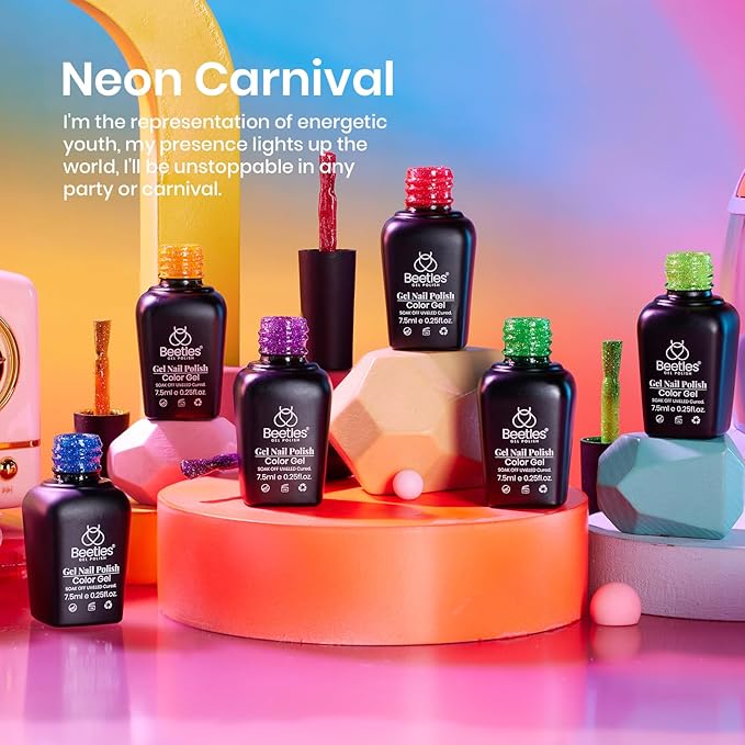 beetles Glitter Gel Nail Polish Set - Neon Carnival 6 Colors Reflective Glitter Gel Polish Set Pink Green Purple Blue Spring Bright Sparkly Gel Nails Soak Off Uv Led Salon Easter Gift for Women