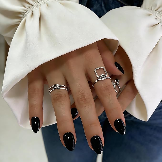 KQueenest Press On Nails Short - Black Press On Nails Oval, 32 Pcs 16 Sizes Natural Short Fake Nails Press ons Almond, Reusable Opaque Glossy Dark Gel Glue on Nail with Glue for Everyday Office Wear