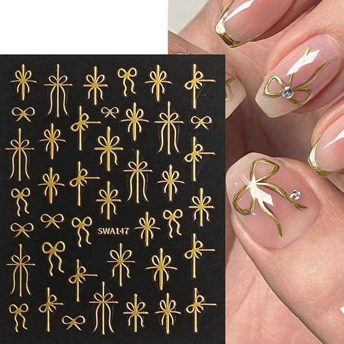6 Sheets Bow Nail Stickers for Nail Art Christmas Nail Design Decals - Red,Green,Gold Bows Stickers for Nails,Christmas DIY Manicure Decor for Women Girls