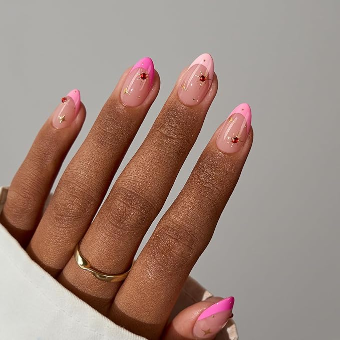 BTArtboxnails XCOATTIPS Pink French Tip Press On Nails - Short Almond Press On Nails, Soft Gel Nail Tips, Soak Off Pink Acrylic Fake Nail Extension in 16 Sizes