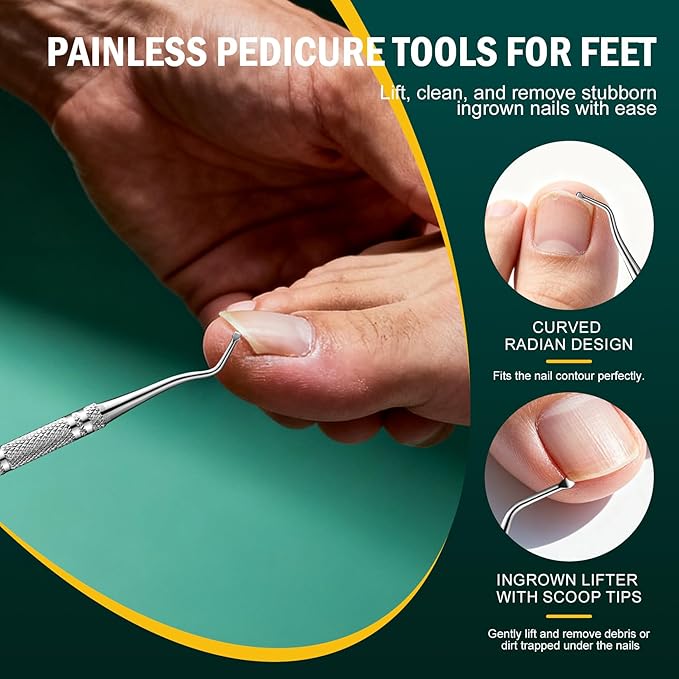 FVION Toenail File for Thick Nails and Toenail Lifter, 2pcs Stainless Steel Nail File and Ingrown Relief Set, Heavy Duty Metal Emery Board for Seniors, Men & Women Pedicure Tool (Green)