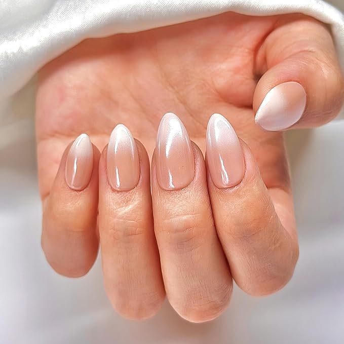 Hand Painted Handmade Press On Nails Short Almond Ombre Pink White with an Ultra-Glossy Mirror Finish.Reusable Soft Gel Nails in 15 Sizes -30 Nail Kit with Glue | Designed in LA|Vanilla Cream