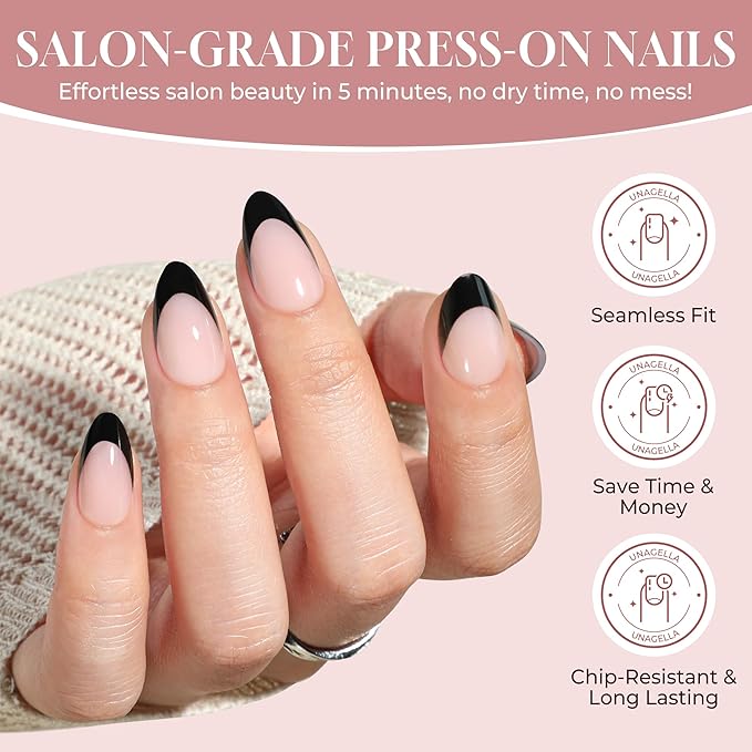 UNA GELLA French Tip Press On Nails Almond: Fall Winter Black Soft Gel Press Ons Short Kit with Nail Tips Glue on Nails, 16 Sizes - 32 Reusable Fake Nails, Black French