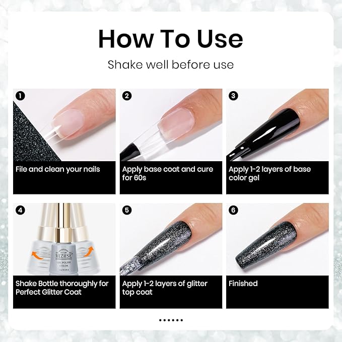 MIZHSE Silver Glitter Gel Polish, Silver Iridescent Gel Polish Glitter 2-in-1 Sparkly Long Lasting Soak Off, for Nail Art Home DIY 12mL