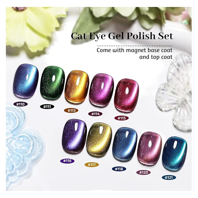 JODSONE Cat Eye Gel Nail Polish 10 Colors Blue Green Red with Base Coat Top Coat Magnet Stick Glazed Amber Cat Eye Gel for Home DIY