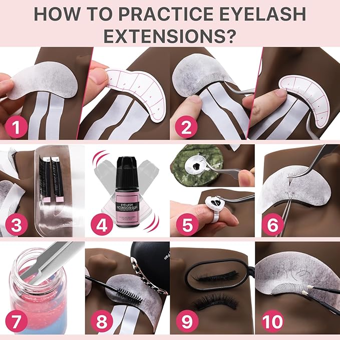 Pretty memory Eyelash Extension Kit for Beginners, 343 Pcs Lash Extension Kit with Everything Includes 2 Mannequin Heads Facial Mister Tweezers Glue USB Fan for Practice Training, Black
