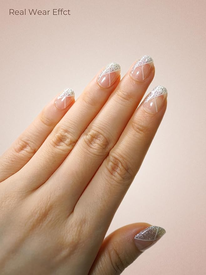 Real Gel Nail Strips (No UV Light Needed) - 44Pcs Salon Quality Nail Stickers - Long Lasting Polish Wraps for Women, Easy Apply & Remove (Diamond Tip Sliver)