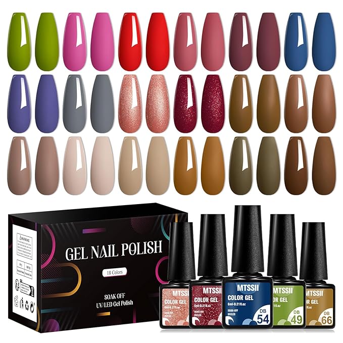 MTSSII Nude Brown Gel Nail Polish Set 18 Colors Gel Nail Set Red Blue Soak Off UV/LED Nail Polish Kit Nail Art Design Salon Home Gifts for Women
