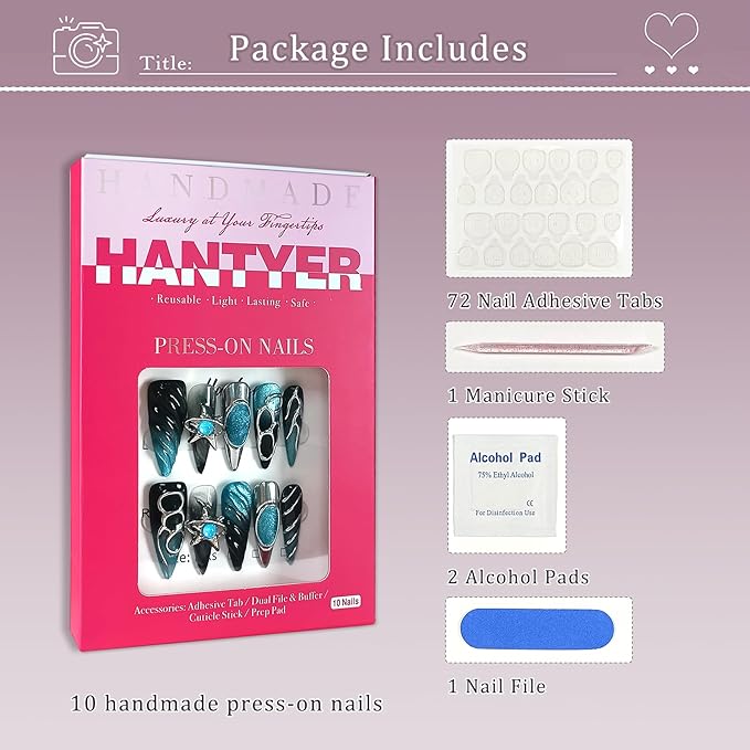 Long Stiletto Press On Nails, Handmade Soft Gel Turquoise & Black Abstract Fake Nails with Unique 3D Ring & Metallic Swirls, Statement Reusable False Nails 10PCS Kit (Size L)