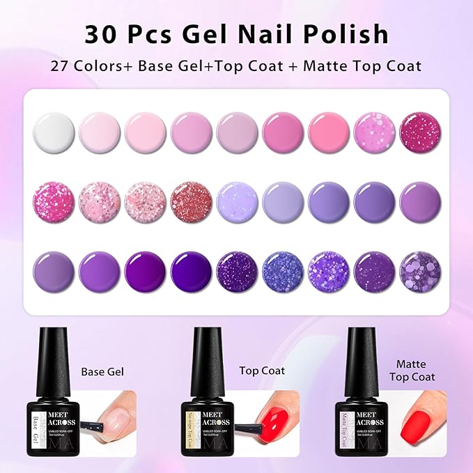 MEET ACROSS 30pcs Gel Nail Polish Set,Soak Off UV LED Lamp Gel Nail Polish Kit,Fashion Shimmer Nail Art Design Gifts for Women Manicure Salon (Pink Purple)