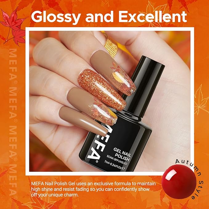 MEFA 6 Colors Gel Nail Polish Set, Shades Orange Red Brown Glitter Yellow Soak Off Gel Polish Spring Summer Tones Nail Art Design Salon Home Manicure Kit Gifts