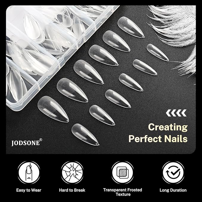 JODSONE Long Almond Nail Tips 240Pcs Soft Nail Gel Tips Half Matte Full Cover Clear Gelly Press on Flase Nail Tips for Extension Nail Manicure Home DIY 12 Sizes
