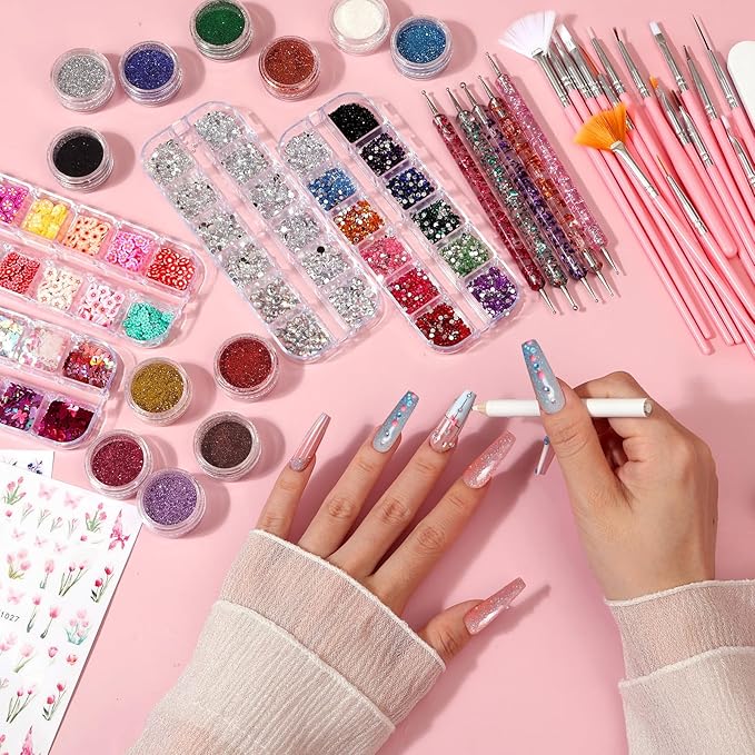 Acrylic Fake Nails Kit Press On Nail Kit with Clear Coffin Nail Tips Nail Display Stand Sequins Sticker Rhinestones Decorations Nail Glue Nail Clay Fine Glitter DIY Nail Art Tool and Supplies
