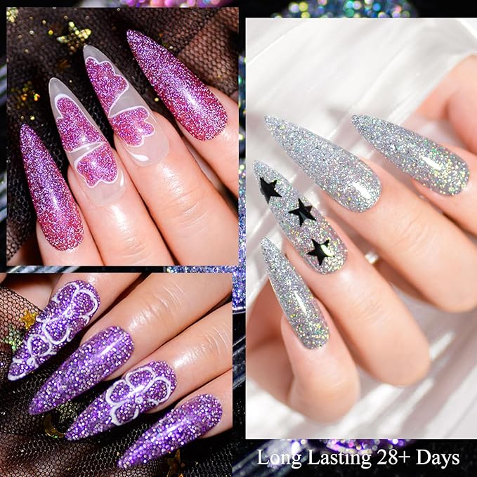 MTSSII Gel Polish Reflective Glitter Gel Nail Polish Set, 12 Colors Holographic Sparkle Glitter Gel, Flash Diamond Sliver Gold Black Red UV LED Soak Off Manicure Kit Gift for Women Girls