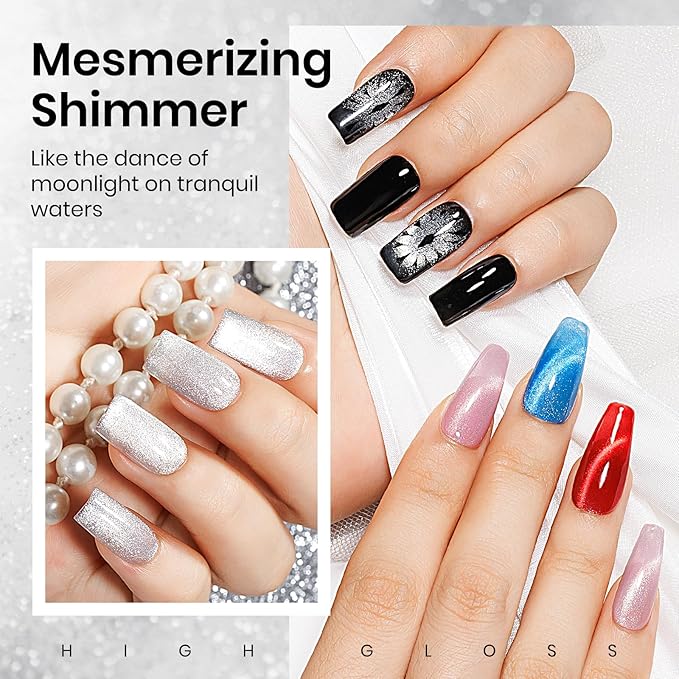MIZHSE Cat Eye Gel Nail Polish Silver Glitter Cateye with Magnet, Holographic Crystal Shimmer Magnetic U V LED Soak Off Gel Polish for Home DIY Manicure