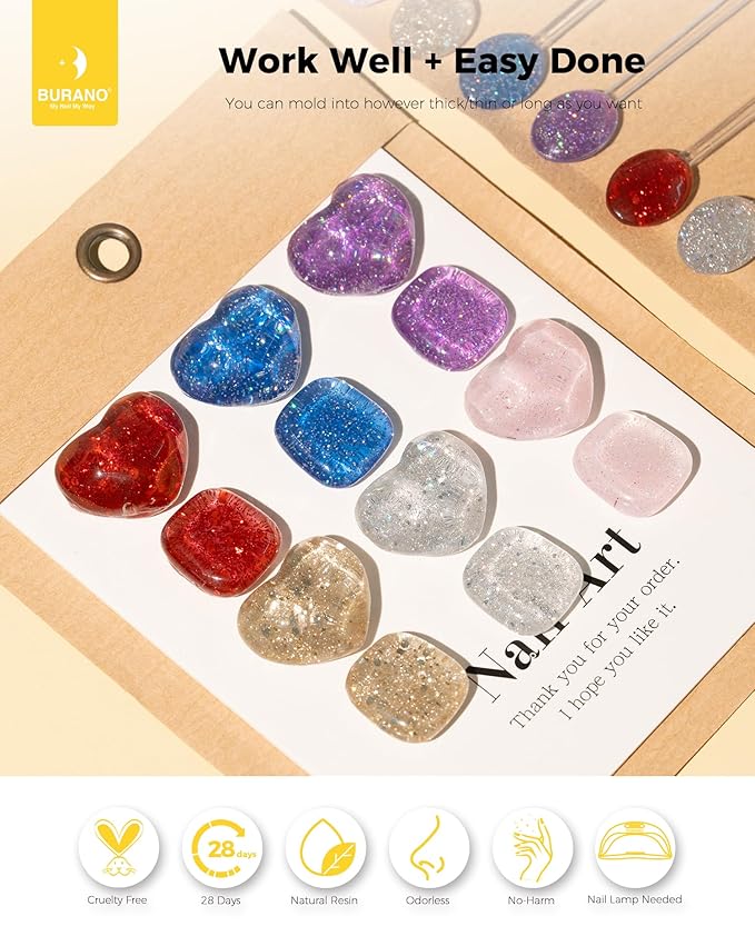 BURANO Poly Extension Gel Nail Kit, 6 Colors Nail Poly Nails Builder Gel Set for Beginner & Professional Using, DIY Starter Kit Nail Art Gift (Glittery)
