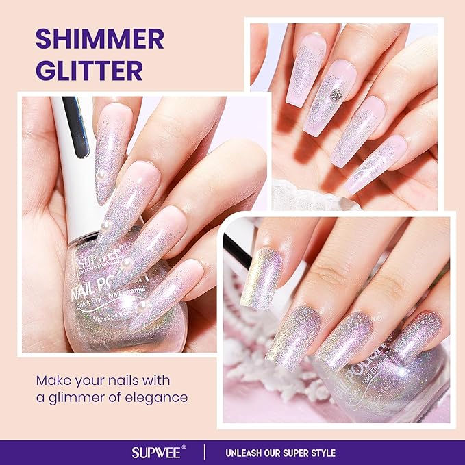 Glitter Holographic Nail Polish Quick Dry High Glossy Shiny Shimmer Nail Polish Oil-based Holo Fingernail and Toenail Air Dry Fast Beauty Art Manicure Gift For Women Girls 16ml, 0.54fl oz
