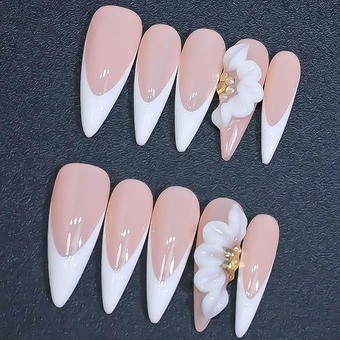 Luxury Press on Nails Long Almond Handmade 3D Unique Reusable ABS Material Fake Nails White French Tip False Nails with Designs Floral Rhinestones Elegant Glossy Glue on Nail Thick Acrylic Nail(M)
