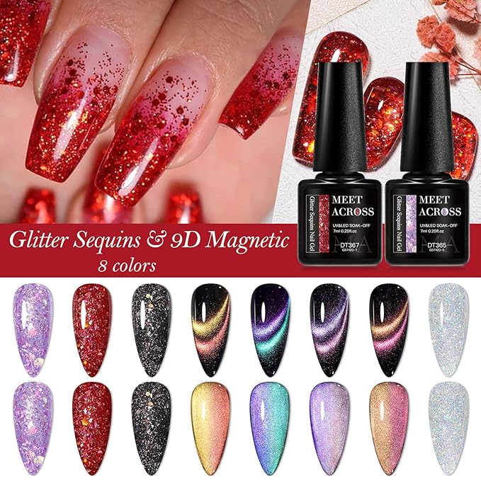 MEET ACROSS 8pcs Gel Nail Polish Set, Soak off UV LED Lamp Gel Nail Polish Cat Eye Set Home Gel Manicure Kit 7ml (Starburst Glitter + 9D Cat Eye Gel)