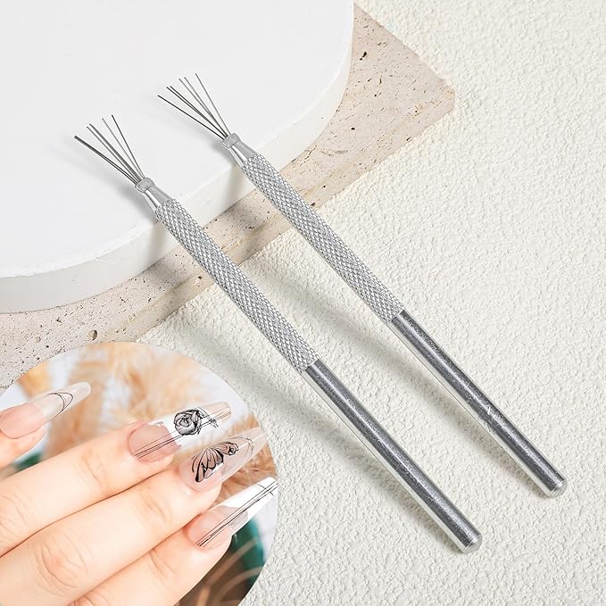 2PCS UltraThin Nail Art Brush 7 Pin Bendable Nails Gel Liner Brushes Nails Design Tools, Stainless Steel Handle Stripe Lines Nail Art Pens Brush, Spider Gel Manicure Tools Wire Pen